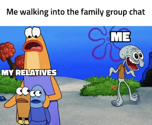 Squidward Scaring the Fish Family meme template